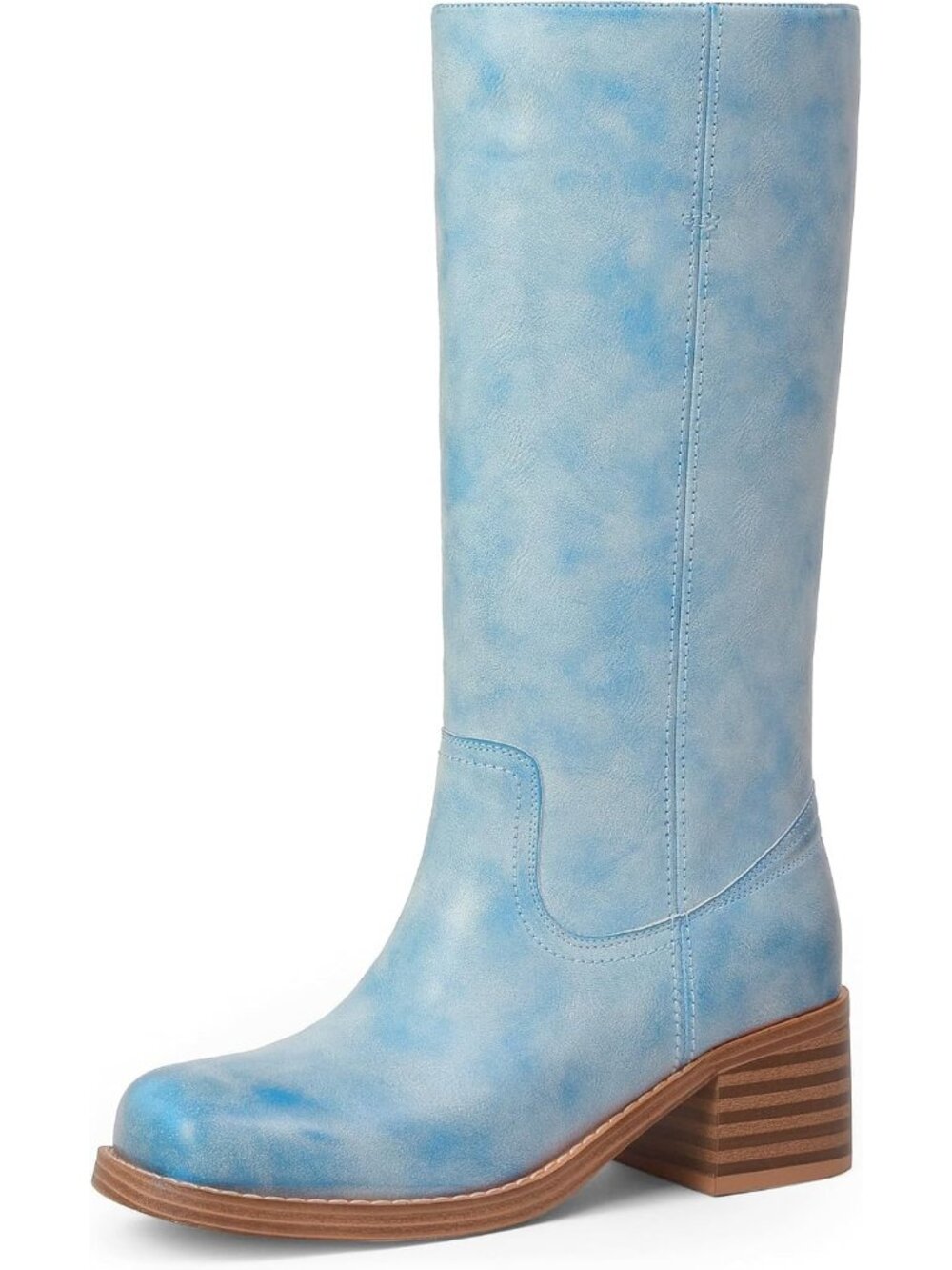 🆕Women's Blue Mid Calf Boots Chunky Block Low Heel Square Toe Comfortable